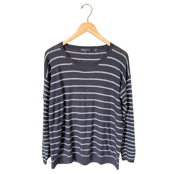 VINCE Scoop Neck Striped Sweater Cotton Pullover Knit Charcoal Gray Small GUC - Picture 8 of 8